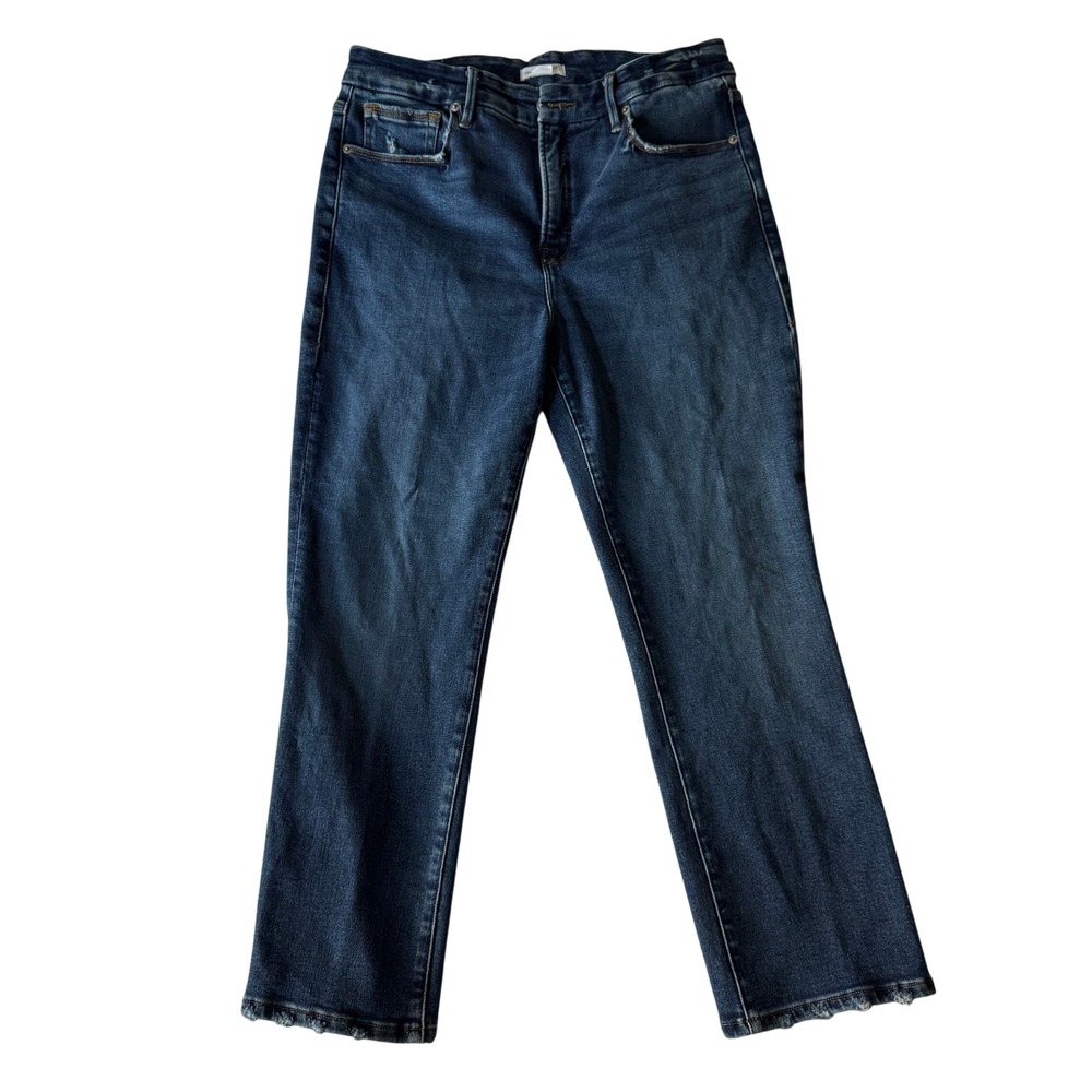 Good American Good Petite Straight Jeans 12/31 Dark High Rise Distressed Indigo